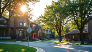 Sunlit suburban street with trees and houses