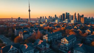 Toronto skyline with CN Tower at sunset.