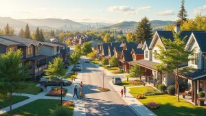 Suburban street with houses and trees, city in background.