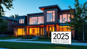 Modern luxury home with 2025 real estate sign.