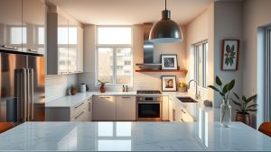 Modern kitchen with white cabinets and large window.