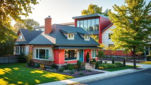 Modern suburban house with landscaped front yard