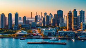 Modern city skyline with waterfront at sunset