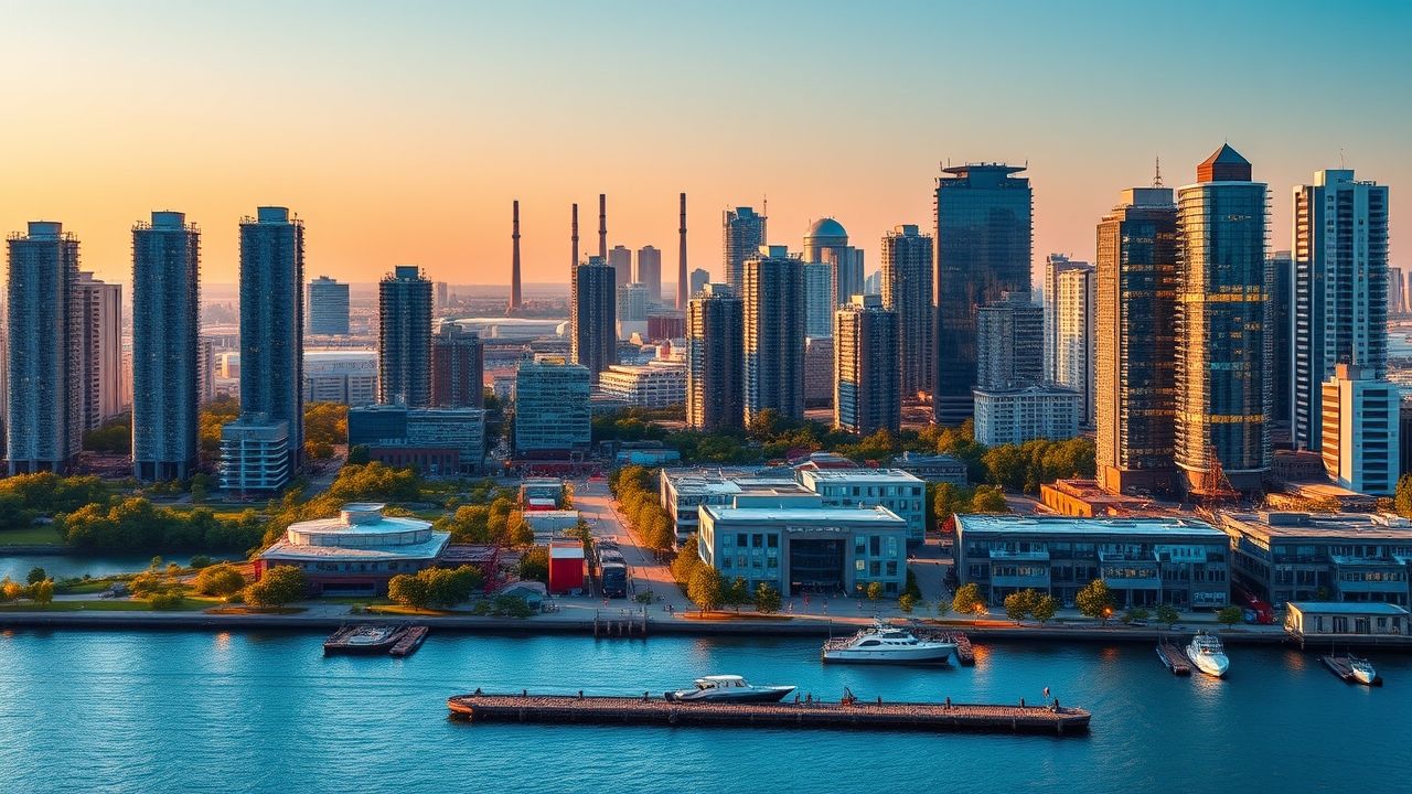 Modern city skyline with waterfront at sunset