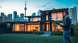 Modern house with city skyline and person outside.