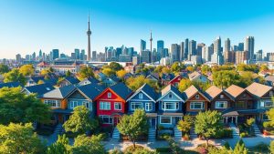 Colorful houses with city skyline in background.