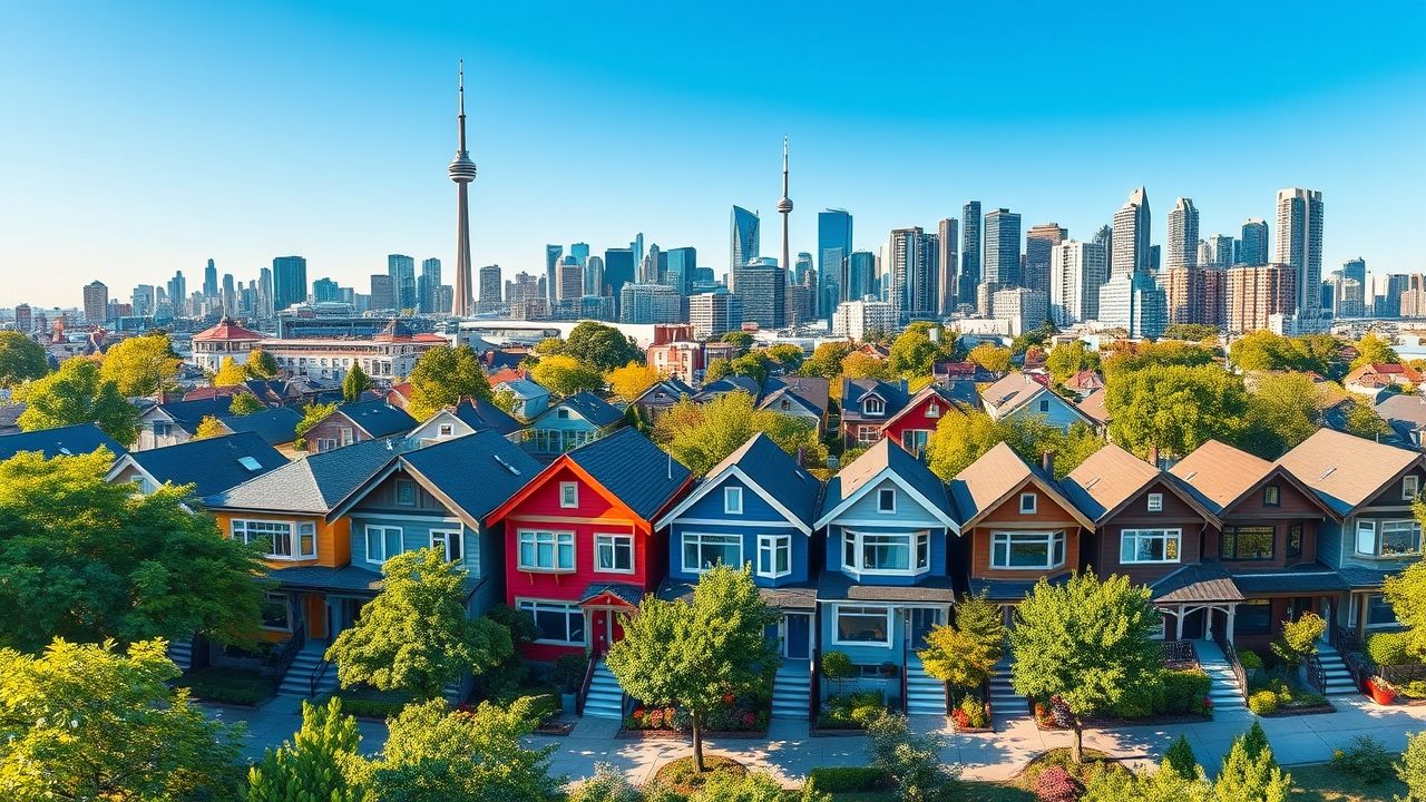 Colorful houses with city skyline in background.