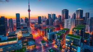 Toronto skyline at sunset with CN Tower.