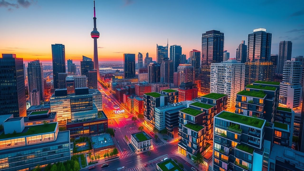 Toronto skyline at sunset with CN Tower.