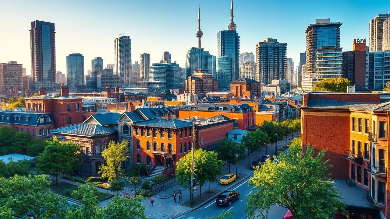 Urban skyline with brick buildings and skyscrapers.