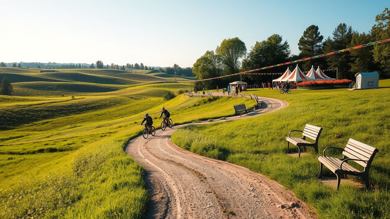 Cyclists biking on a scenic park trail.