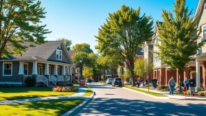 Suburban street with houses and trees.