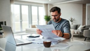 Man reading documents at home office desk.