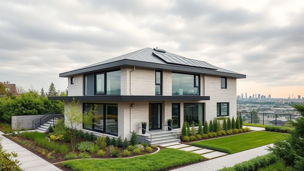 {"prompt":"A sleek, contemporary residence nestled within the urban landscape of the Greater Toronto Area, showcasing cutting-edge eco-friendly features such as sleek black solar panels integrated seamlessly into a flat roof, high-performance modern insulation with visible thick wall layers, and large panoramic windows that maximize natural light. The home is characterized by clean lines, minimalist architecture, and a harmonious blend of neutral tones with vibrant green accents around landscaped gardens. The setting features a bright, overcast sky with soft diffused lighting, emphasizing the home's sustainable design and energy-efficient innovations, all surrounded by lush greenery, paved walkways, and a hint of nearby city skyline in the distance.\n\nCreate an image of a stylish, energy-efficient home in the Greater Toronto Area, highlighting features like solar panels and modern insulation.","originalPrompt":"Create an image of a stylish, energy-efficient home in the Greater Toronto Area, highlighting features like solar panels and modern insulation.","width":1024,"height":576,"seed":42,"model":"flux","enhance":false,"nologo":true,"negative_prompt":"undefined","nofeed":false,"safe":false,"quality":"medium","image":[],"transparent":false,"isMature":false,"isChild":false}