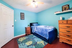 Cozy blue bedroom with single bed and dresser.