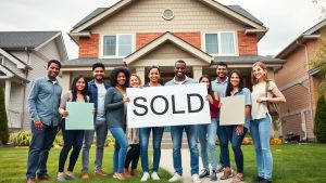 Diverse group celebrating house sale with 'Sold' sign.