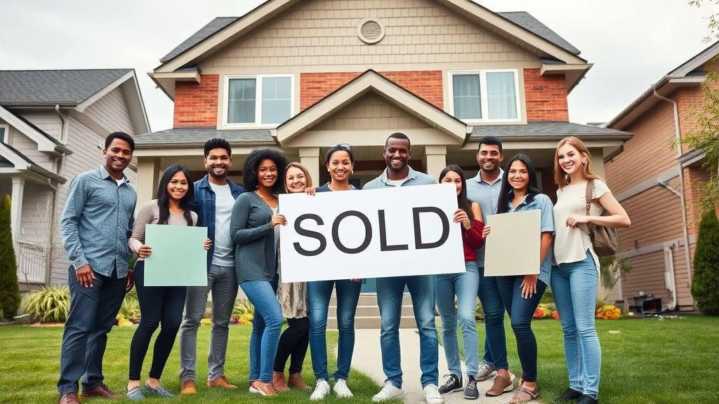 Diverse group celebrating house sale with 'Sold' sign.