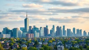 Modern city skyline with skyscrapers and houses