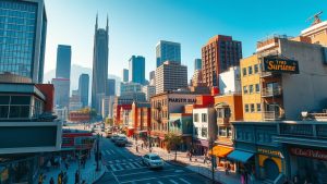 Colorful city street with skyscrapers in background