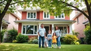 Family standing outside their brick house in suburb.