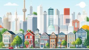 Colorful houses and city skyscrapers skyline