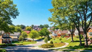 Sunny suburban neighborhood with trees and houses