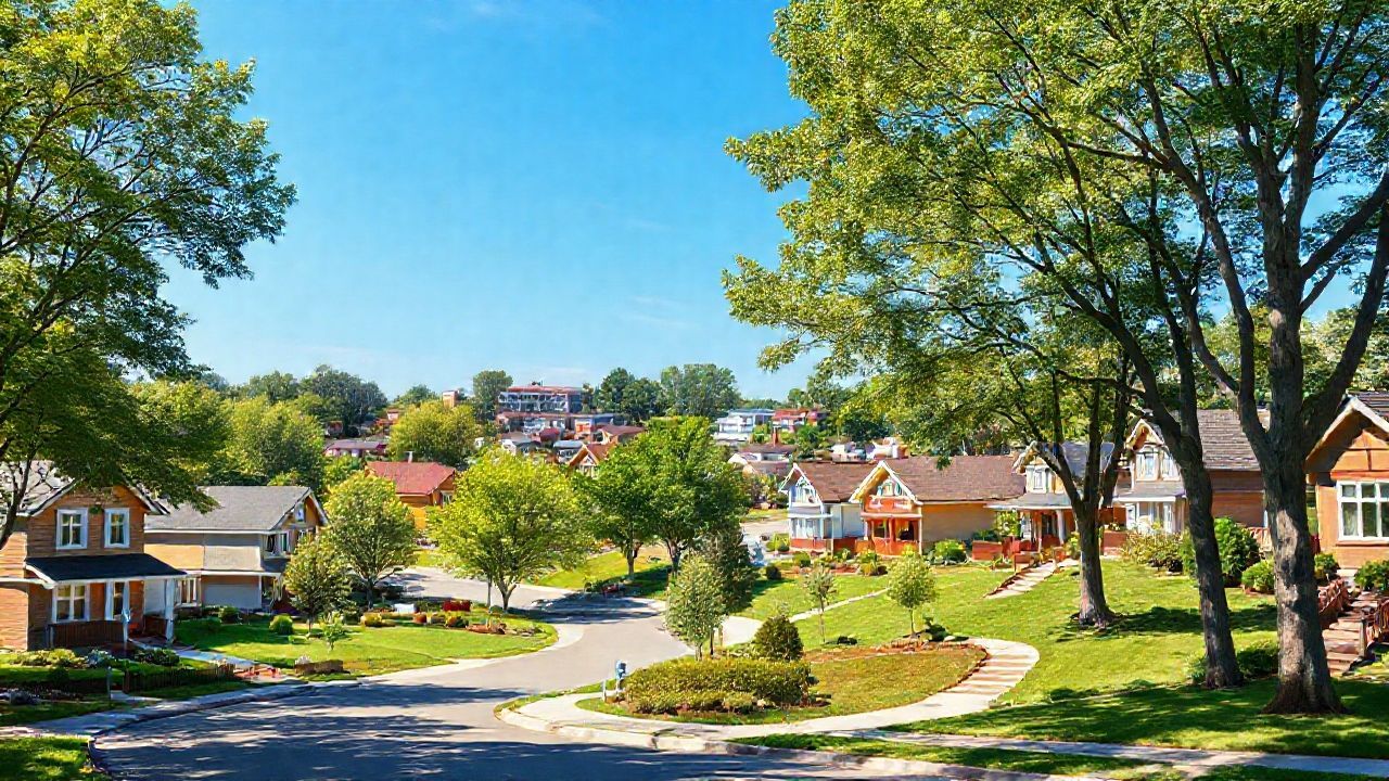 Sunny suburban neighborhood with trees and houses