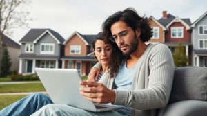 Couple using laptop outside suburban homes