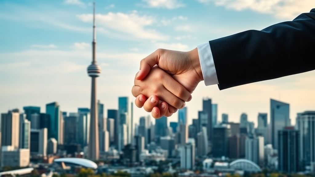 {"prompt":"Create an image of the Toronto skyline with a professional handshake symbolizing a real estate lawyer agreement. Ensure the setting is modern, reflecting the urban GTA real estate vibe.","originalPrompt":"Create an image of the Toronto skyline with a professional handshake symbolizing a real estate lawyer agreement. Ensure the setting is modern, reflecting the urban GTA real estate vibe.","width":1024,"height":576,"seed":42,"model":"flux","enhance":false,"nologo":true,"negative_prompt":"undefined","nofeed":false,"safe":false,"quality":"medium","image":[],"transparent":false,"isMature":false,"isChild":false,"trackingData":{"actualModel":"flux","usage":{"candidatesTokenCount":1,"totalTokenCount":1}}}
