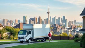 Truck in suburban neighborhood with city skyline view.