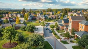Aerial view of suburban neighborhood and houses.