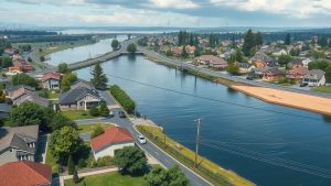 Aerial view of suburban river with nearby houses.