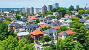 Residential neighborhood with trees and city skyline.