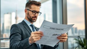 Businessman reviewing home financing document.