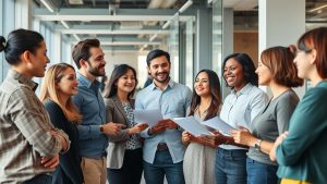 Diverse team having a discussion in an office.