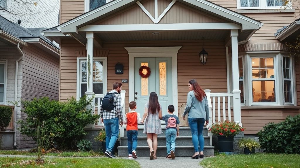 Family entering home with wreath on door