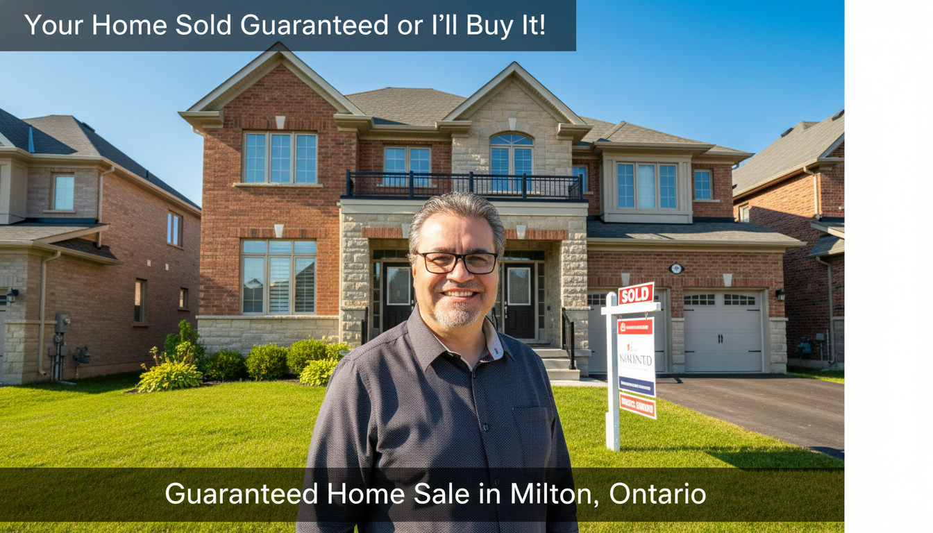 Your Home Sold Guaranteed Confident Milton realtor standing in front of a sold home, representing a guaranteed home sale program in Milton, Ontario.