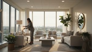 Staged living room with natural light and layered lamps for home showing