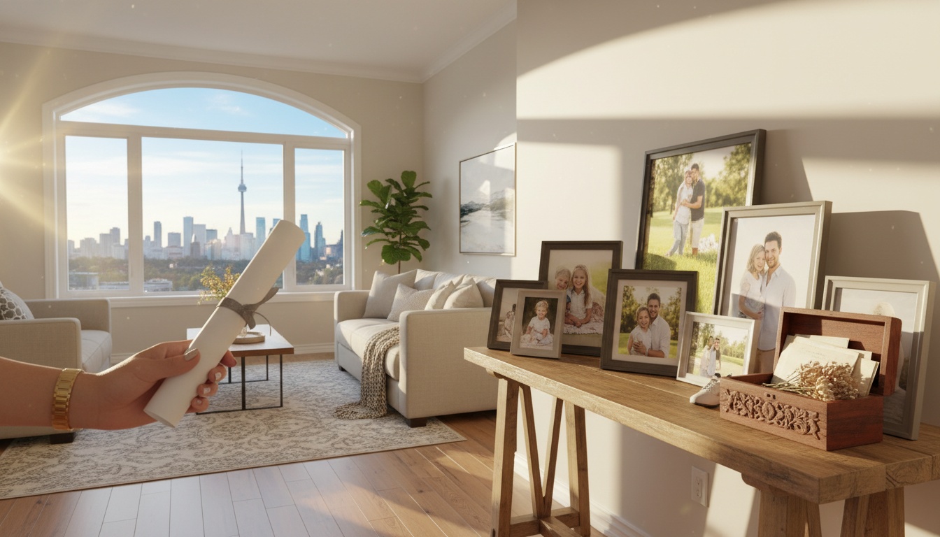 Staged family home interior with framed photos and realtor offering contract