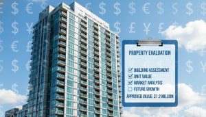 Modern GTA condo building with assessment and value symbols