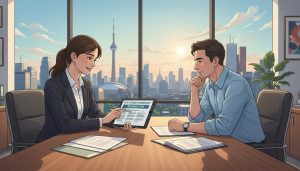 Real estate agent explaining tax deduction of commission to client with Toronto skyline in background
