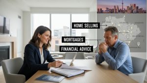 Real estate agent advising homeowner on mortgage documents inside a home in Greater Toronto Area