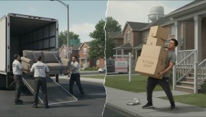 Professional movers handling furniture contrasted with a DIY mover struggling with boxes in a GTA neighborhood.