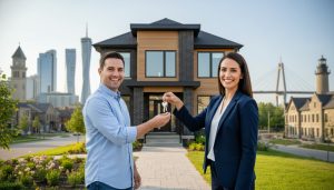 Real estate agent handing over keys to happy buyer in GTA neighborhood