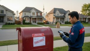 Close-up of a Canada Post mailbox with change-of-address envelope in a suburban GTA neighborhood with moving boxes on a porch.