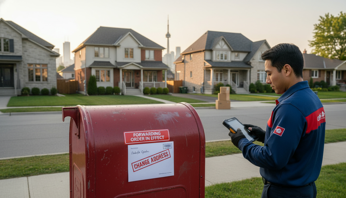 Close-up of a Canada Post mailbox with change-of-address envelope in a suburban GTA neighborhood with moving boxes on a porch.