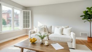 Bright staged living room with open windows, bowl of lemons, and fresh linens showing a fresh-smelling home for sale in the GTA.