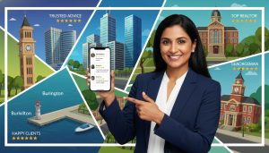 Realtor holding phone showing client testimonials with skyline collage of Milton, Mississauga, Burlington, Oakville, Georgetown