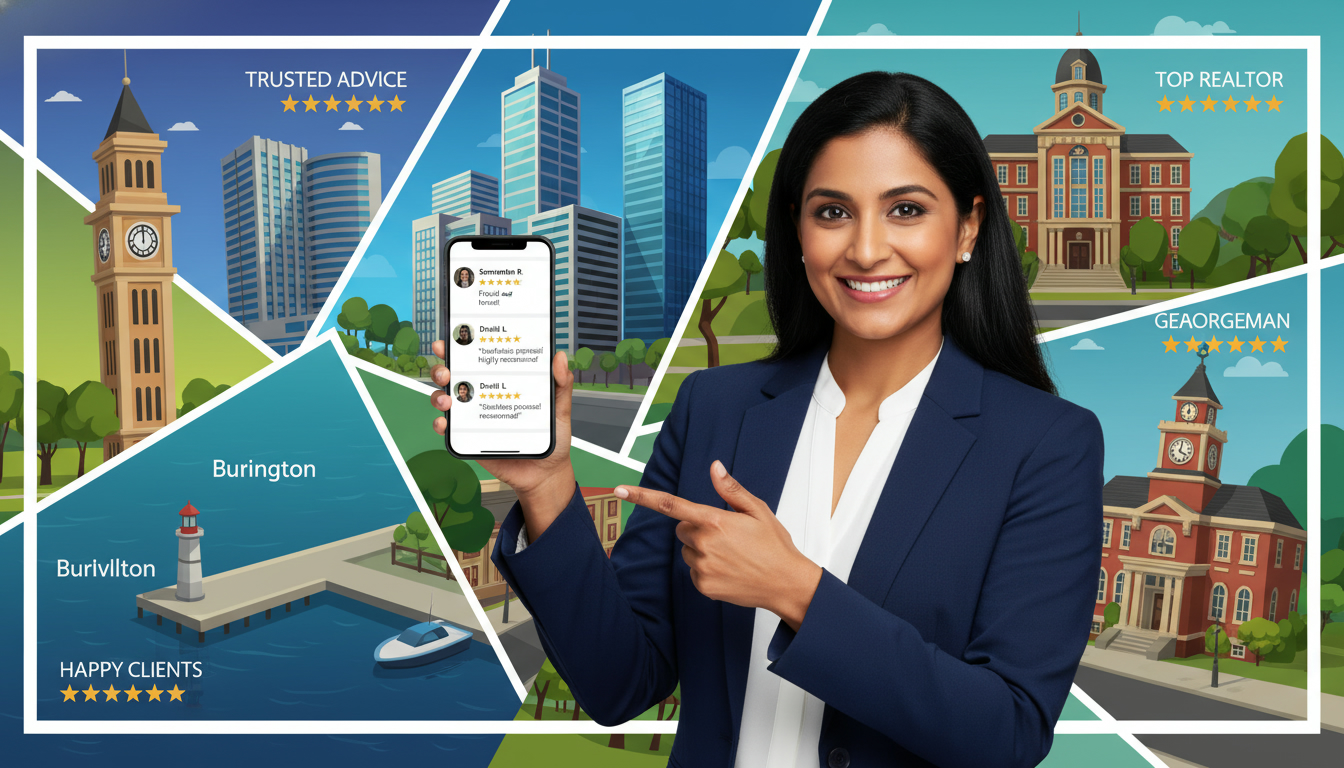 Realtor holding phone showing client testimonials with skyline collage of Milton, Mississauga, Burlington, Oakville, Georgetown