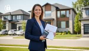 Real estate agent with mortgage documents and calculator in front of an Oakville home with a calendar and rate lock icon overlay